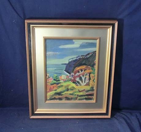 491525 油彩 朝比奈文雄 作 「熱海風景」(F6)日展評議員・風景画・画家-