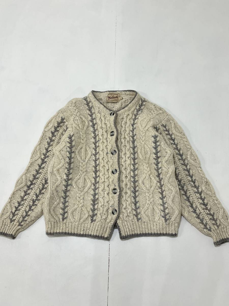 【Woolrich】ウールリッチ ウール ケーブルニット カーディガン アイボリー グレー レディース_画像2