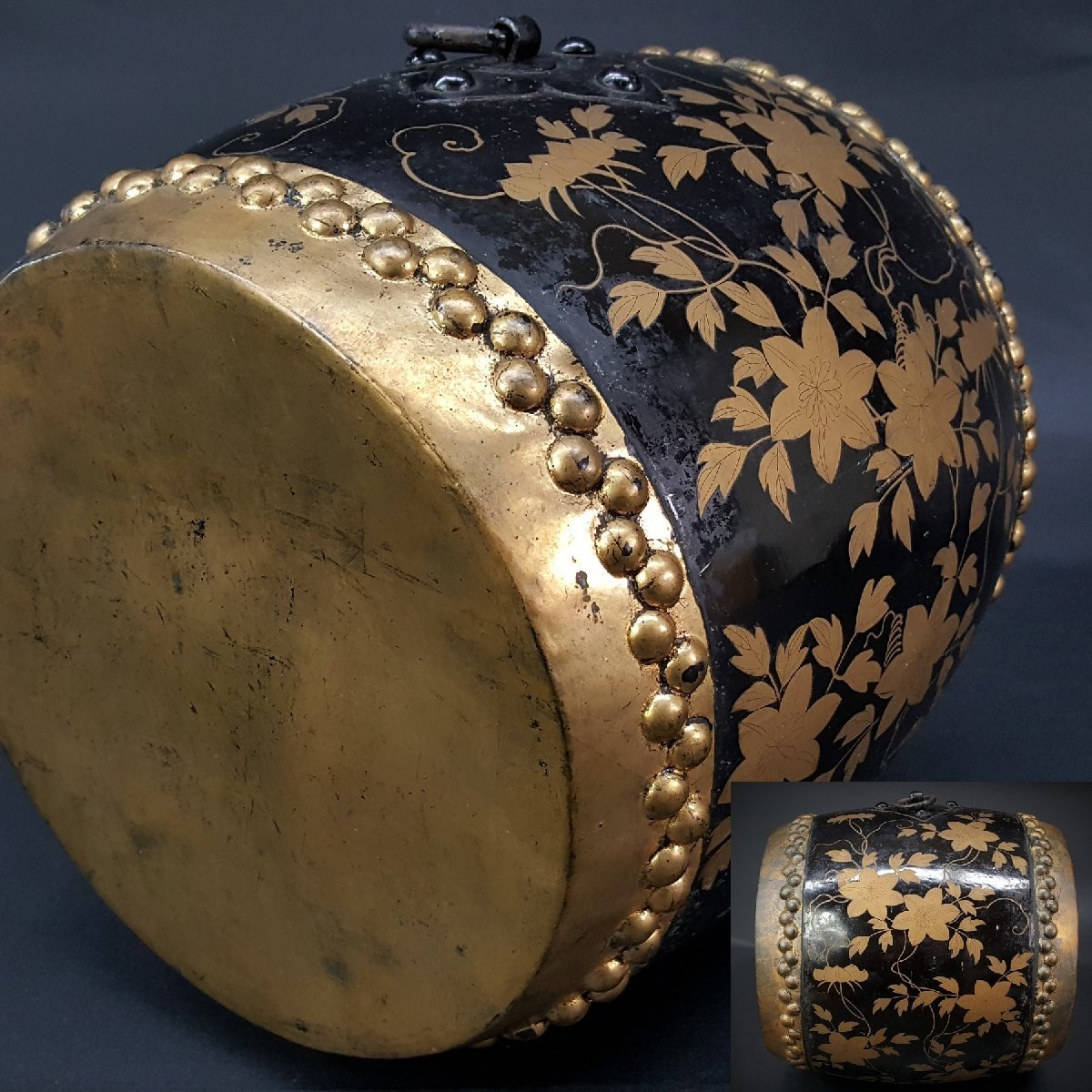 【宝蔵】古美術品 時代物 江戸時代 鉄線蒔絵 金箔張り太鼓 和楽器 約30cm