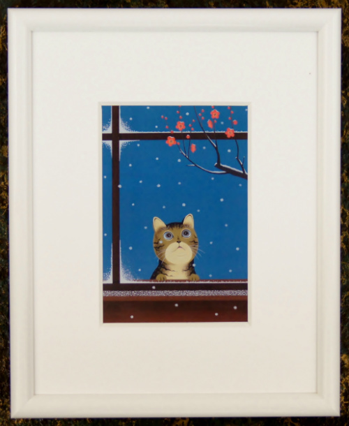 可愛い猫の画家　滝かつとし　猫の額付ミニアート「春さん、来たのに…」キジトラ猫　生産終了品、在庫限りです。_画像4