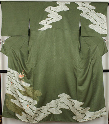 訪問着 袷 正絹 緑 絞り流水 刺繍花 SSサイズ 美品 着物 レディース 20代 30代 40代 送料無料 kim165