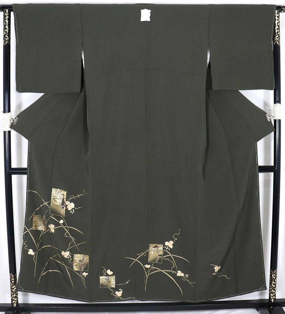 色留袖 袷 正絹 濃い緑 色紙文 鶴 葡萄 梅 紅葉 Sサイズ ki27582 美品 着物 レディース 30代 40代 50代 60代 送料無料