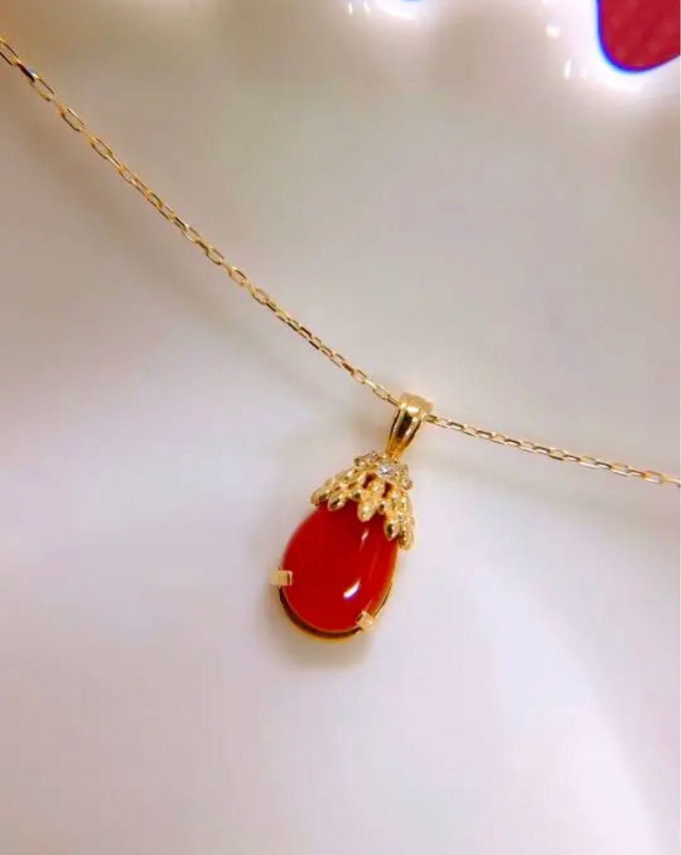 新品]K18YGイエローゴールド金天然血赤サンゴ ダイヤモンドペンダント