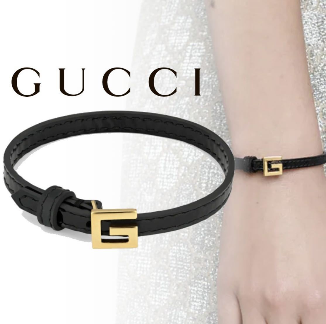 【美品】GUCCI グッチ　スクエアG レザー ブレスレット　ゴールド　ブラック　エナメル　保存巾着袋付き_画像6