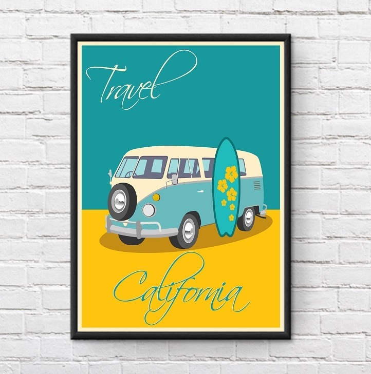 インテリアポスター アメリカン カリフォルニア イメージアート ワゴンカー&サーフボード California A3サイズ as1_画像1