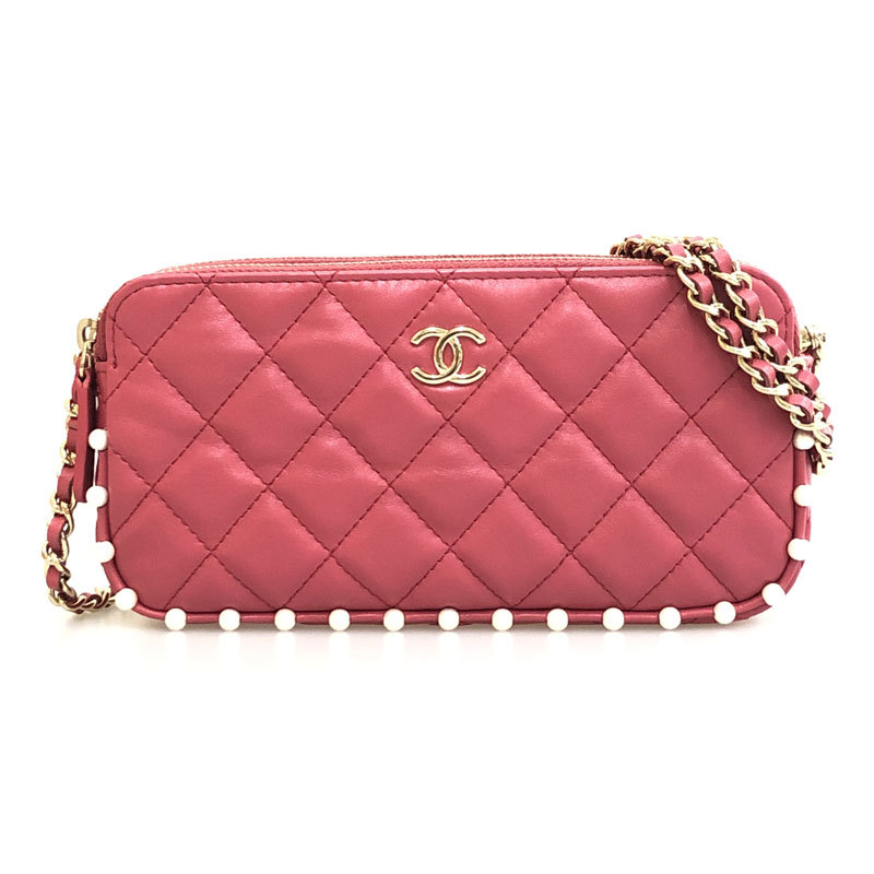 シャネル CHANEL ウォレットチェーン マトラッセ ココマーク ピンク