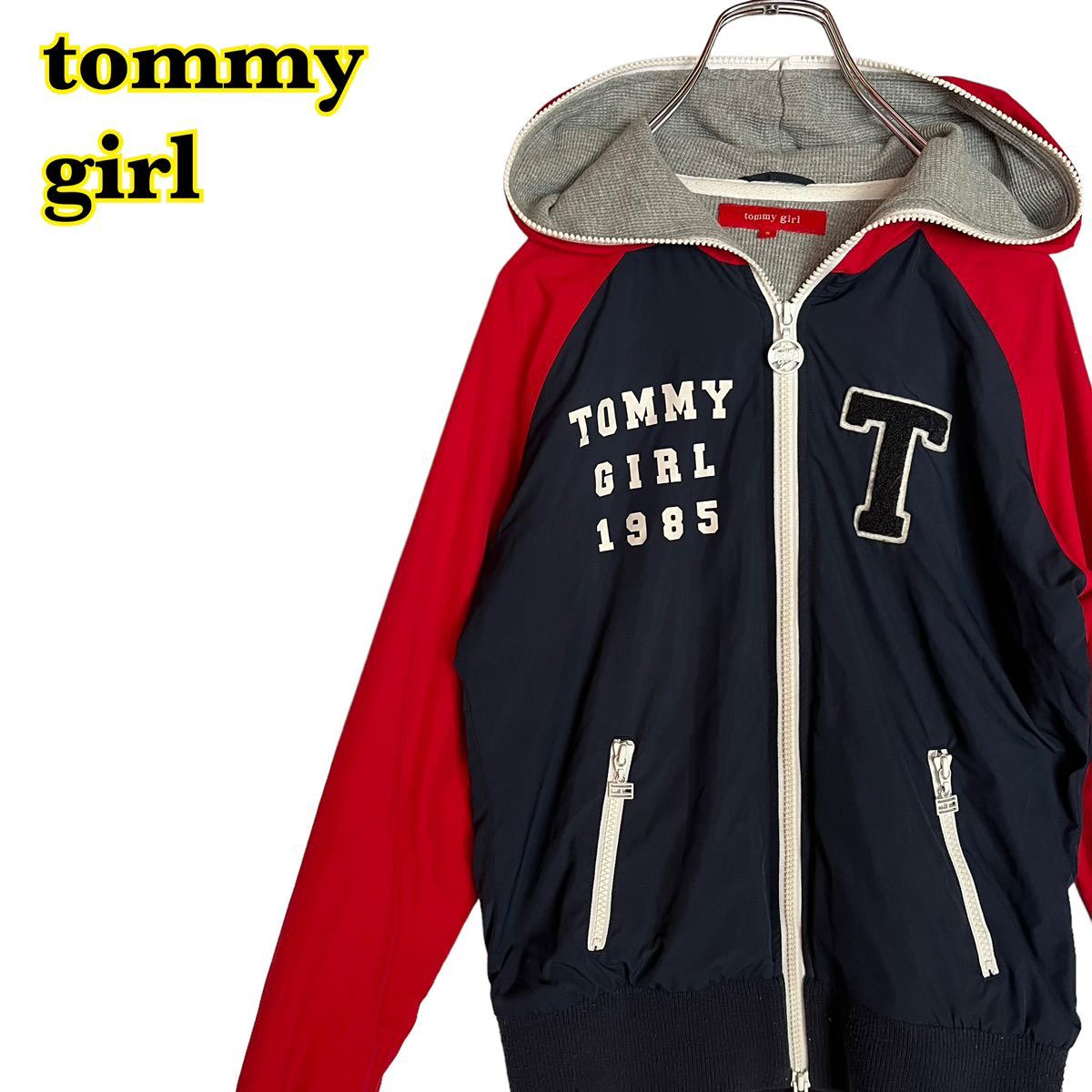 tommy girl トミーガール　フルジップジャケット　フーディ　ワッペン　赤紺　レディース　Sサイズ　【AY0936】_画像1