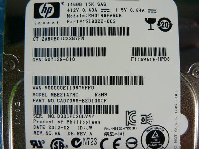 1CHK // HP EH0146FARUB 146GB 2.5インチ SAS 6G 15K(15000)rpm MBE2147RC // HP ProLiant DL360 G7 取外 // 在庫6_画像2