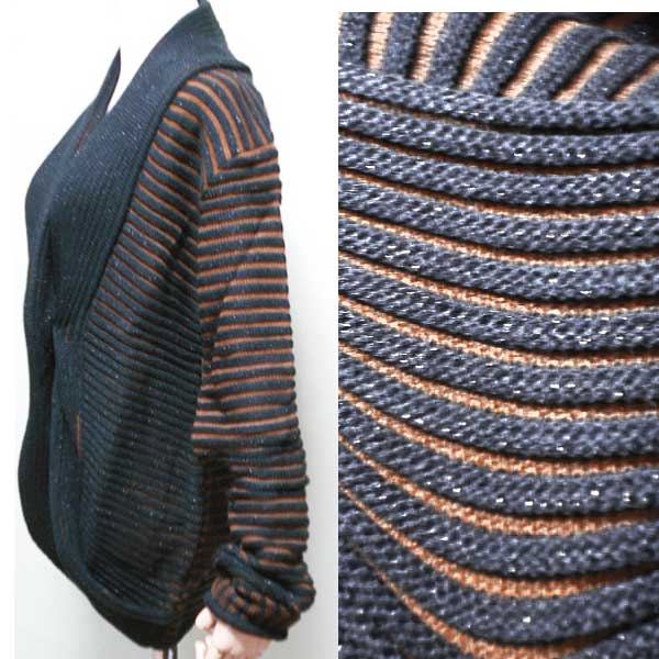へちま襟のコート風肉厚ニットカーディガン（M寸）黒＆茶色の変わり編みボーダー柄_画像3