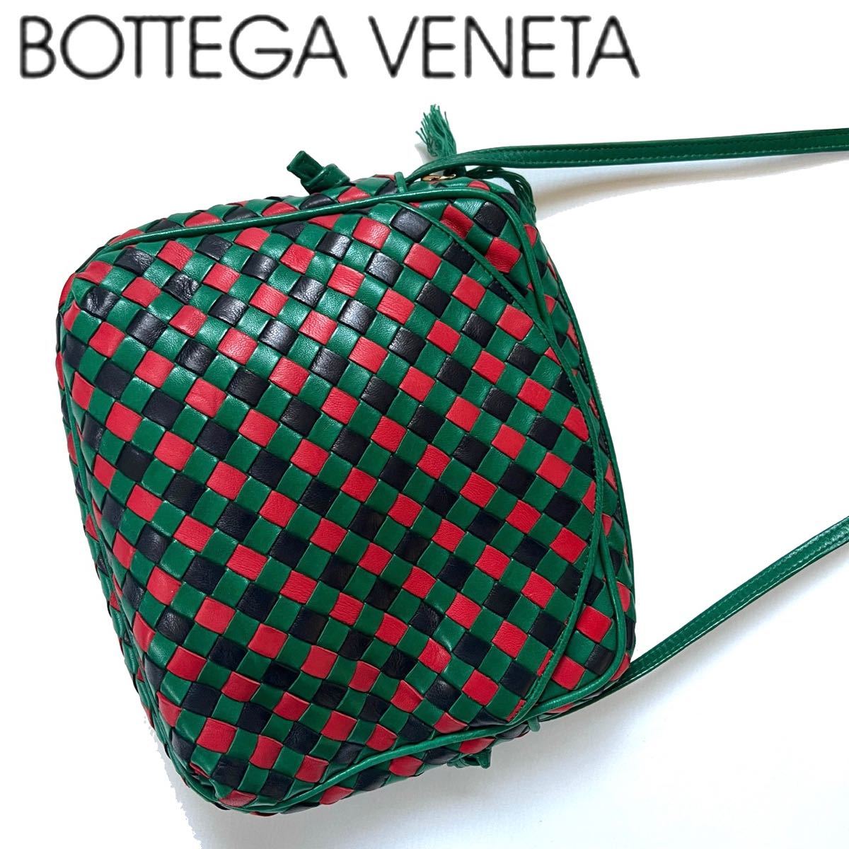 送料無料】BottegaVeneta ボッテガヴェネタ イントレチャート ショルダーバッグ レザー 本革 ポシェット 斜め掛け 緑 赤 鞄 