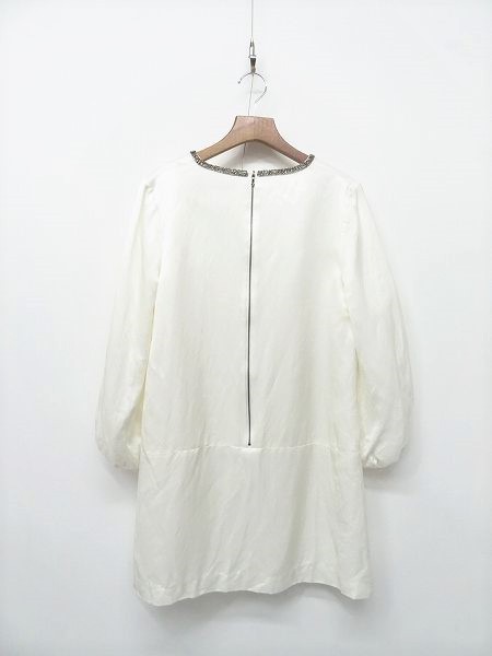 V091/ ADORE knee length one piece tunic dress linen volume sleeve V neck . opening riri Zip biju-38 M white lustre 