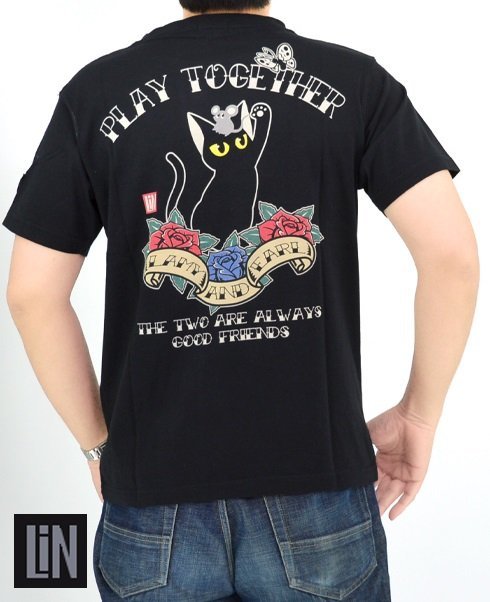 ラミ＆アール 一緒に遊ぶ半袖Tシャツ◆LIN ブラックXXLサイズ AL-75069 猫 ネコ 鼠 ネズミ 刺繍 ユニセックス
