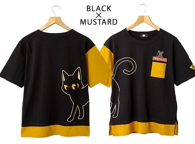 オリジナル レイヤード半袖Tシャツ◆LIN ラミ＆アール ブラック×マスタードXLサイズ ユニセックス 男女兼用 刺繍 ネズミ 鼠 ねこ 猫 AL-75053 柄もの