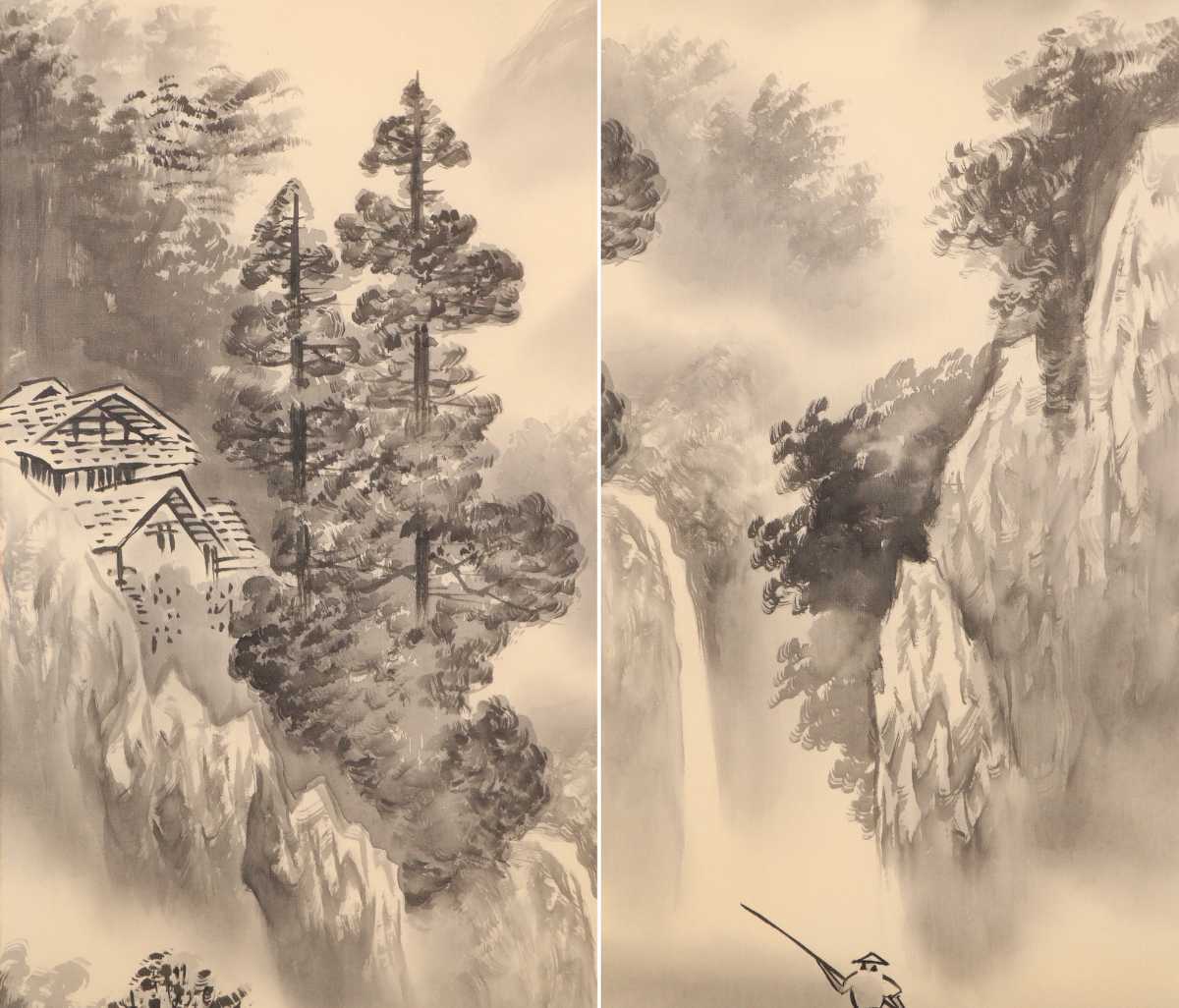 CC42 模写 掛軸 片山孝雄 水墨山水 肉筆絹本 尺五 共箱 外箱 桐箱 日本画 風景画 美術品 茶道具 タトウ箱