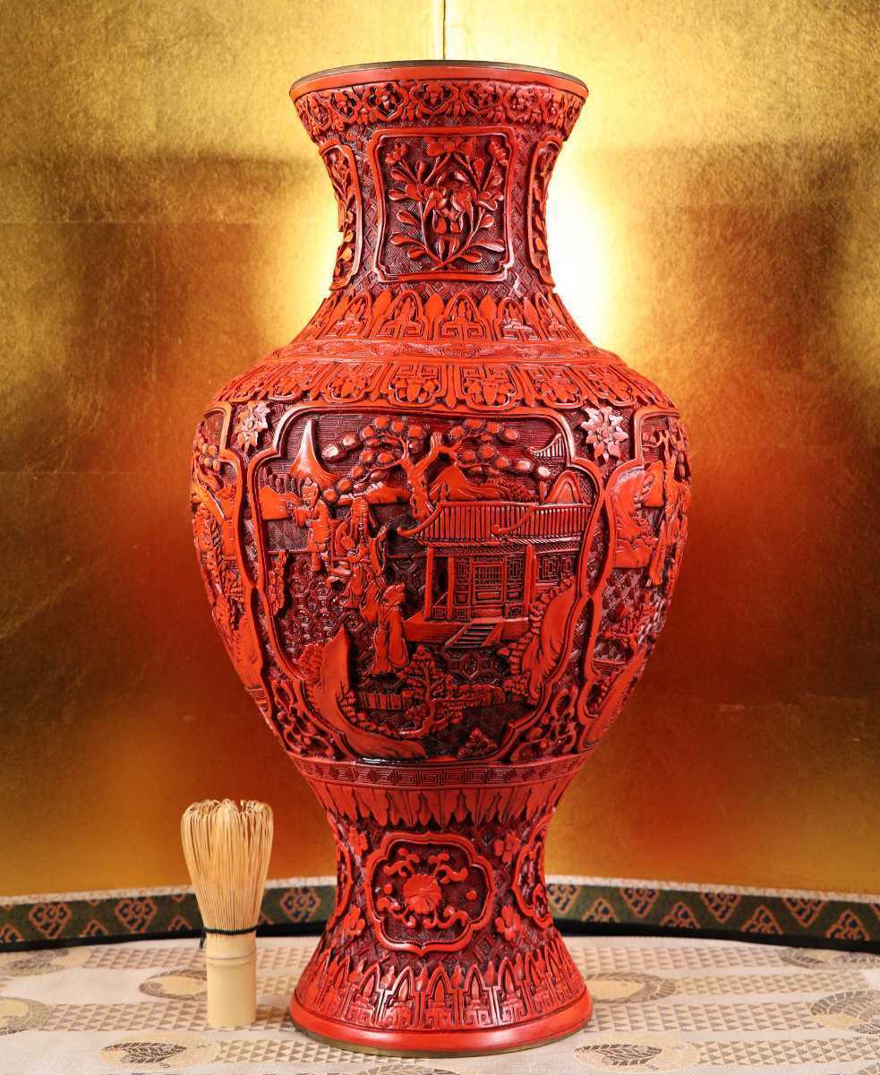 CB98 中国美術 人物彫文堆朱花瓶 高48cm 銅製 細密細工 花文 飾瓶花器