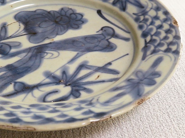 古い染付皿 古染付 花鳥文皿 時代 中国美術_画像5