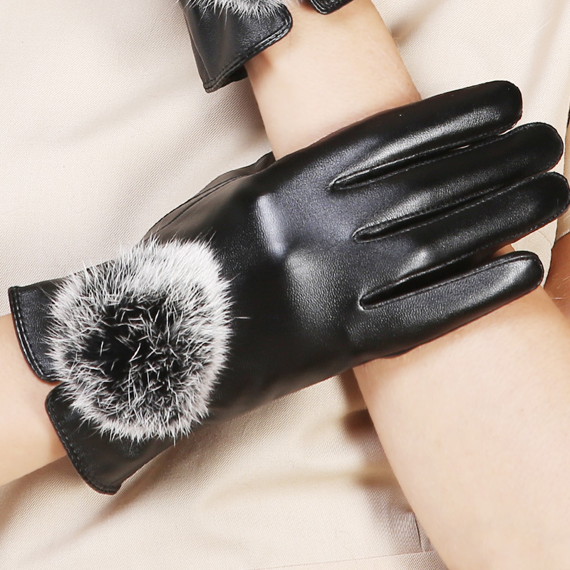  lady's gloves PU leather gloves gloves high class elegant reverse side nappy chilling cancellation protection against cold Short glove black lady's size M postage included 