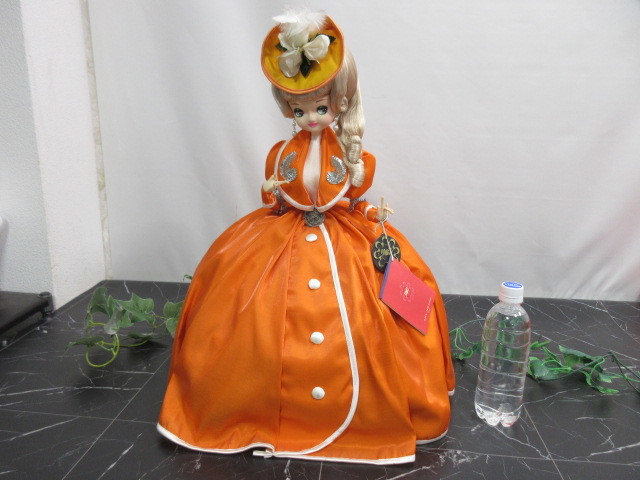 16OH3597　レトロ♪ リボン人形 オレンジドレス 株式会社スキヨ人形研究所　H57ｃｍ　　インテリア　人形