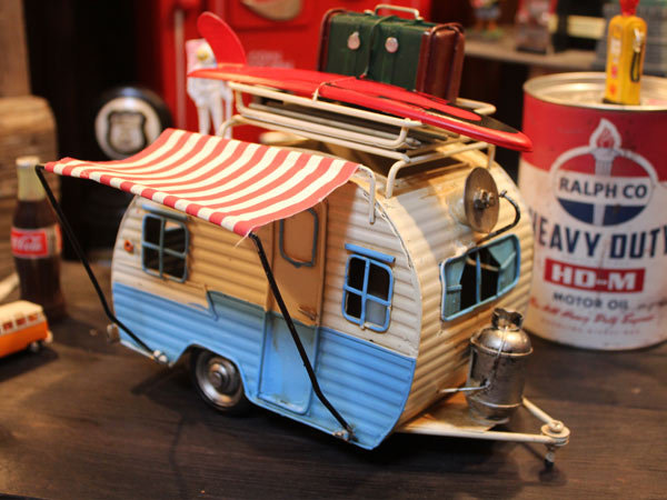 1 jpy new goods Vintage manner tin plate . made camping trailer objet d'art ornament antique retro american interior Surf house 