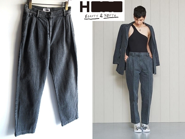 H BEAUTY&YOUTH UNITED ARROWS ユナイテッドアローズ DENIM TUCK TROUSERS ブラックデニム ハイウエスト タックワイドテーパードパンツ M_画像1