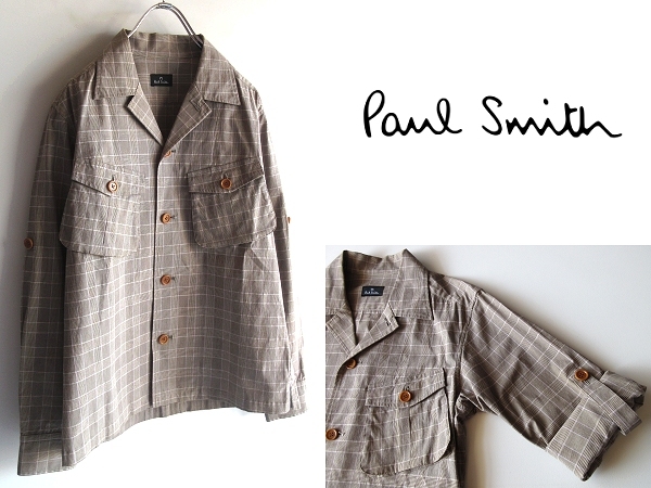 PS Paul Smith ポールスミス チェック ストレッチコットン 開襟 オープンカラー ミリタリー シャツジャケット M グレージュ 日本製_画像1