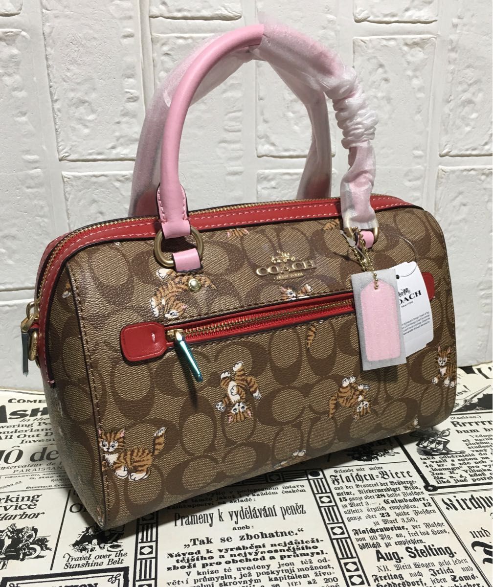 新品未使用 COACH ミニボストンバッグ ダンシングキトゥンプリント シグネチャー キャンバス