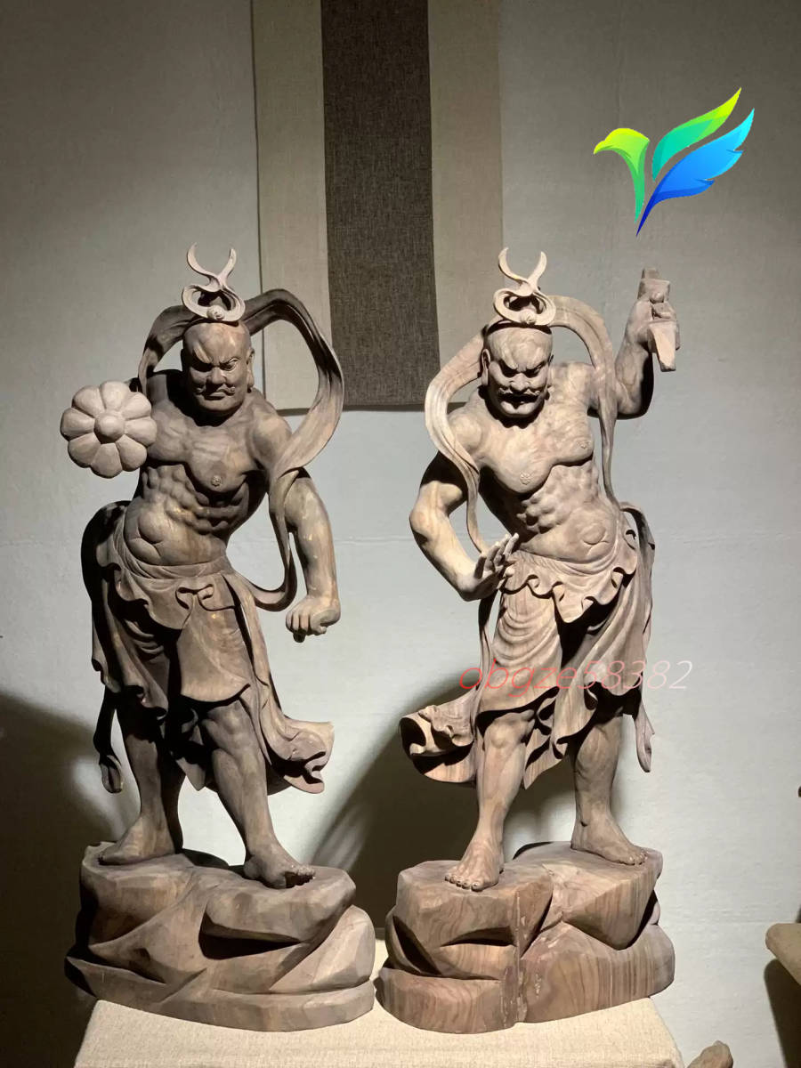 極上品 香樟材 木彫仏像 仏教美術 金剛力士像一式 高さ68cm