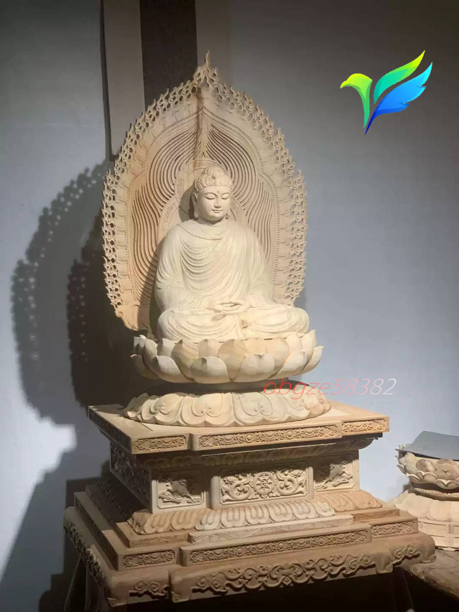 珍品 仏教工芸品 木彫仏像 精密彫刻 仏師で仕上げ品 香樟材 釈迦如来座像 高さ 105cm - 1