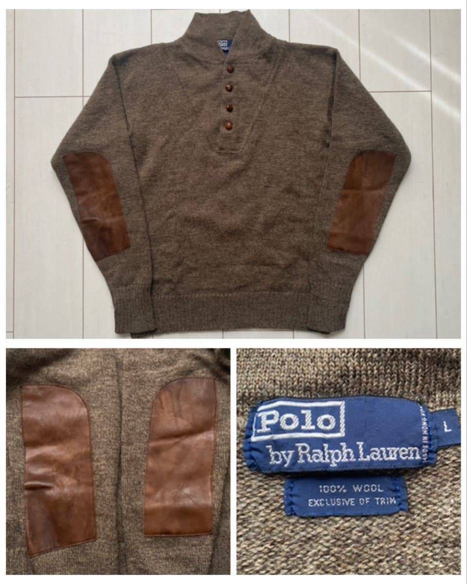 送料無料 美品 80s 90s ビンテージ POLO ラルフローレン leather レザー 鹿革 エルボーパッチ ニット セーター rrl  COUNTRY SPORTSMAN 92 L