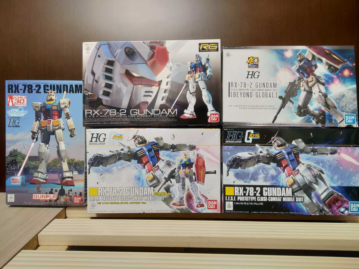 【未組立/5点セット】RG RX-78-2+HG RX-78-2 4種（クリアカラー+BEYOND GLOBAL+Ver.G30th REAL GRADE 1/1 GUNDAM PROJECT+HG 2015年版）_画像1