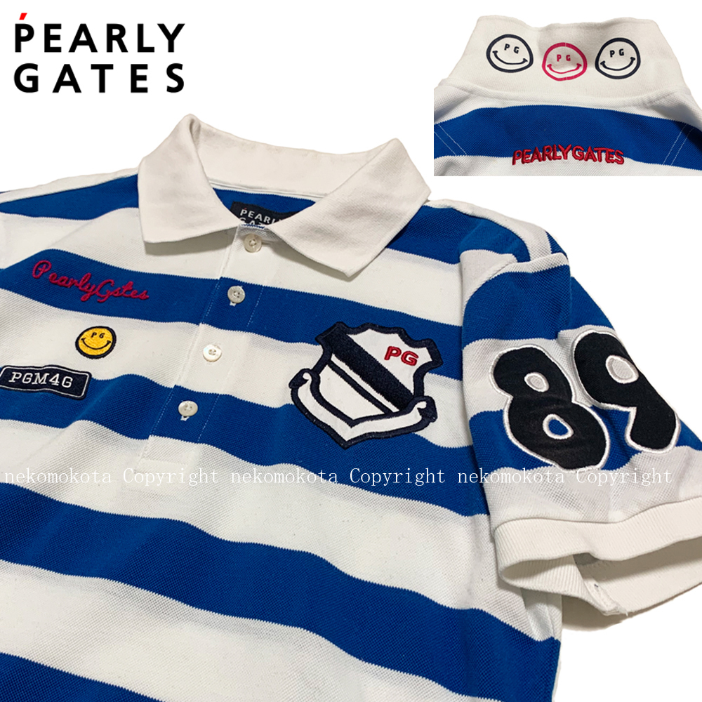 パーリーゲイツ スマイル ニコちゃん ロゴ PGM4G アロフト鹿の子 ボーダー ポロシャツ 3 ホワイト ブルー 89 メンズ PEARLY GATES