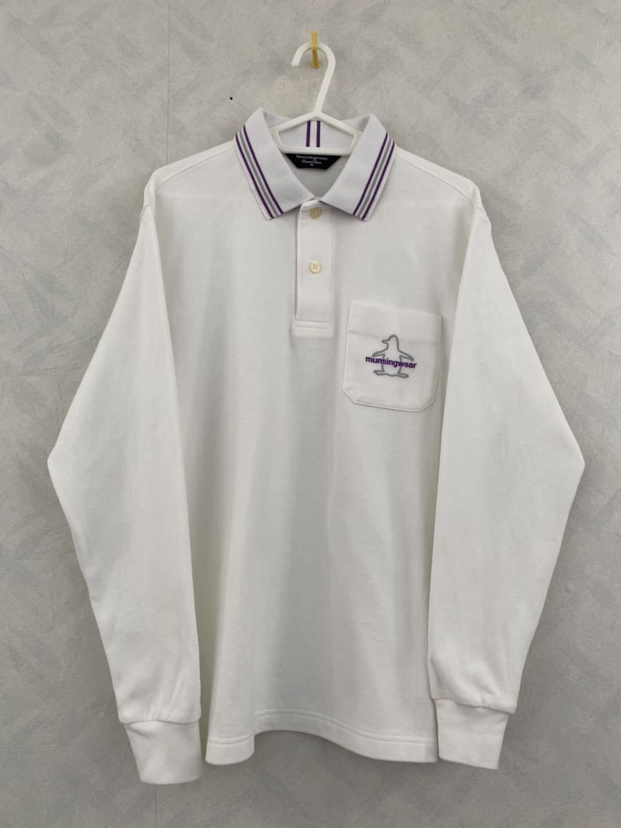 Munsingwear 長袖ポロシャツ サイズM メンズ ロゴ刺繍 マンシングウェア GOLF ゴルフ ホワイト×パープル×グレー_画像1