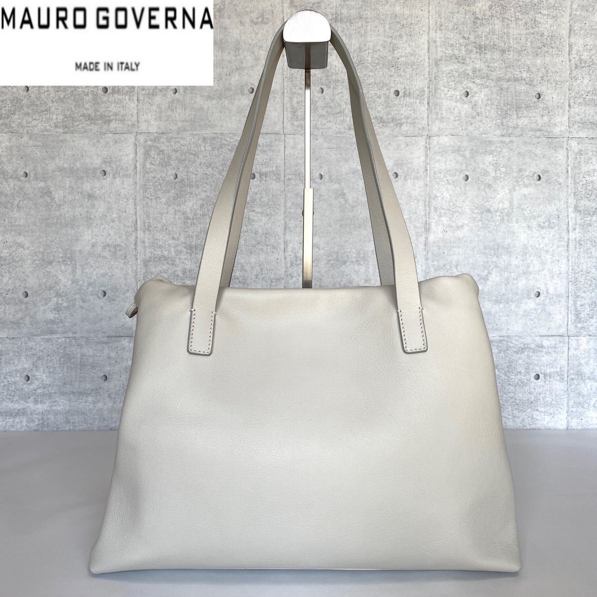 美品 MAURO GOVERNA×Yoshie Inaba マウロゴヴェルナ マウロゴベルナ ホワイトグレー シルバー金具 肩掛け ハンドバッグ  トート レザー