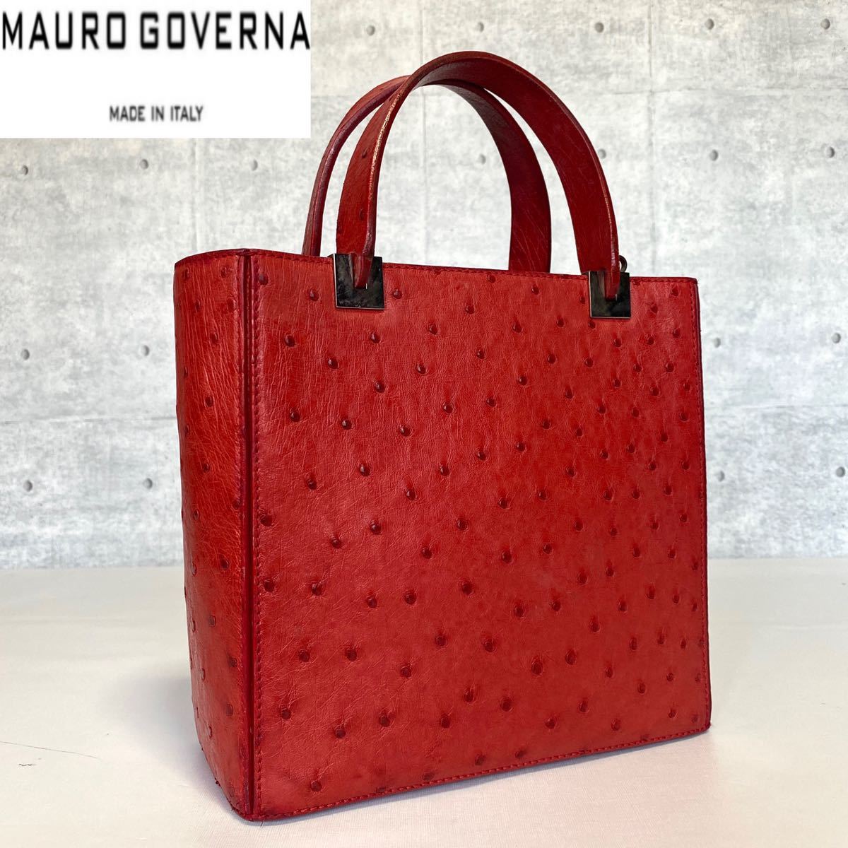 MAURO GOVERNA マウロゴヴェルナ マウロゴベルナ ルビーレッド ダチョウ革 オーストリッチ シルバー金具 レザー ショルダー ハンド トート_画像3