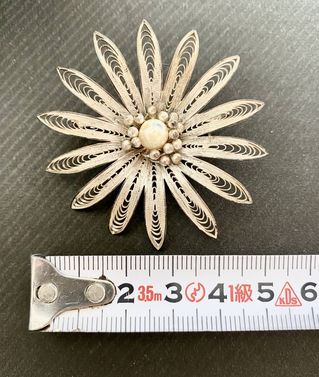 【ヴィンテージ】シルバー ブローチ フィリグリー 線細工 パール 真珠 アクセサリー Vintage Silver brooch ビンテージ アンティークの画像2