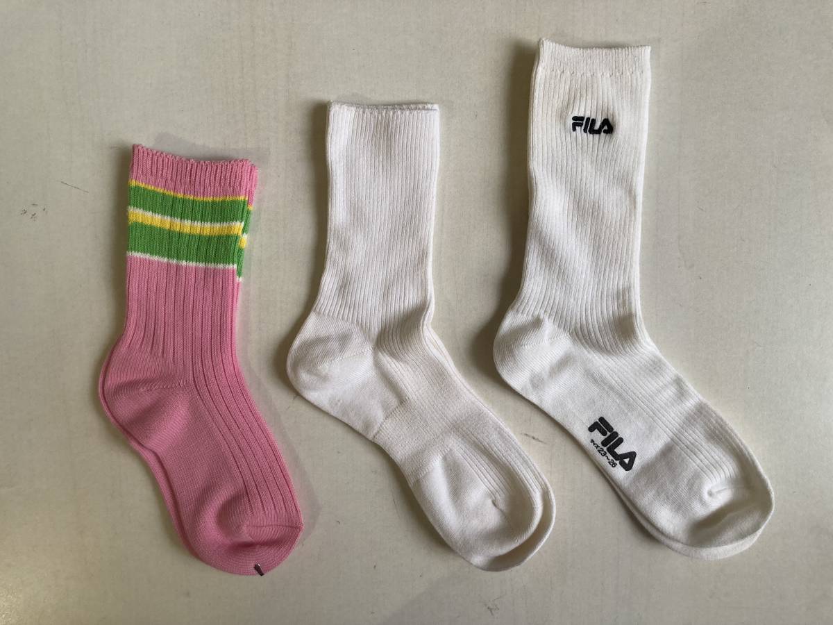 くつした 3足 セット 未使用 白 ピンク ソックス White & Pink Socks 3pairs FILA_画像1