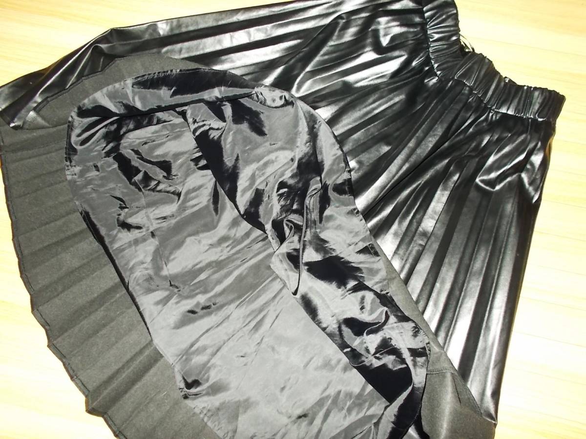 90 エコレザー 裏地付ロングプリーツスカート 黒   の画像1