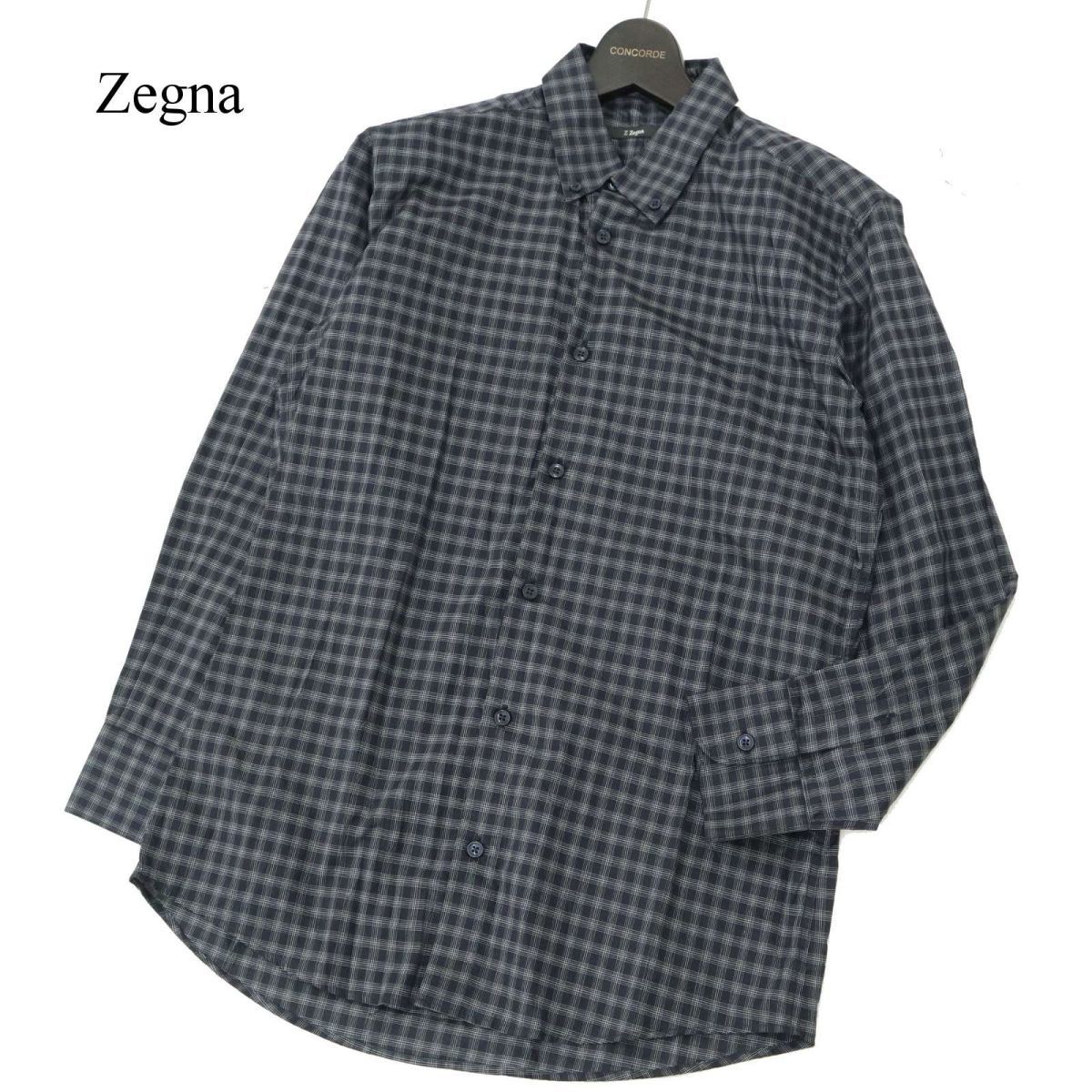 Zegna エルメネジルド ゼニア【Drop 8】 通年 長袖 ボタンダウン チェック シャツ Sz.M　メンズ ネイビー　A3T01490_2#C_画像1