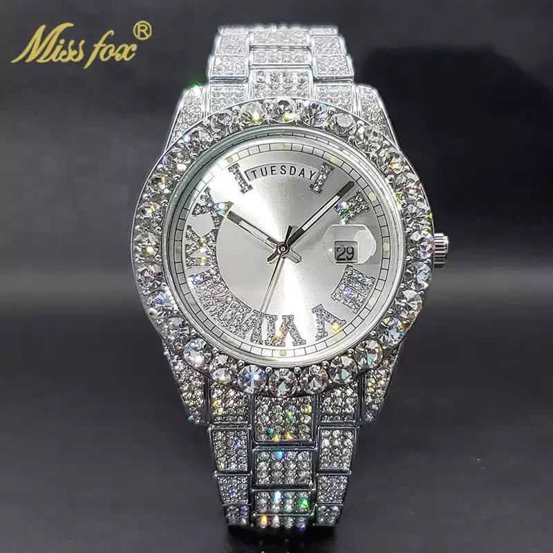 【日本未発売 アメリカ価格30,000円】MISSFOX デイデイトオマージュ 18kシルバーラグジュアリー仕様 ブランド腕時計