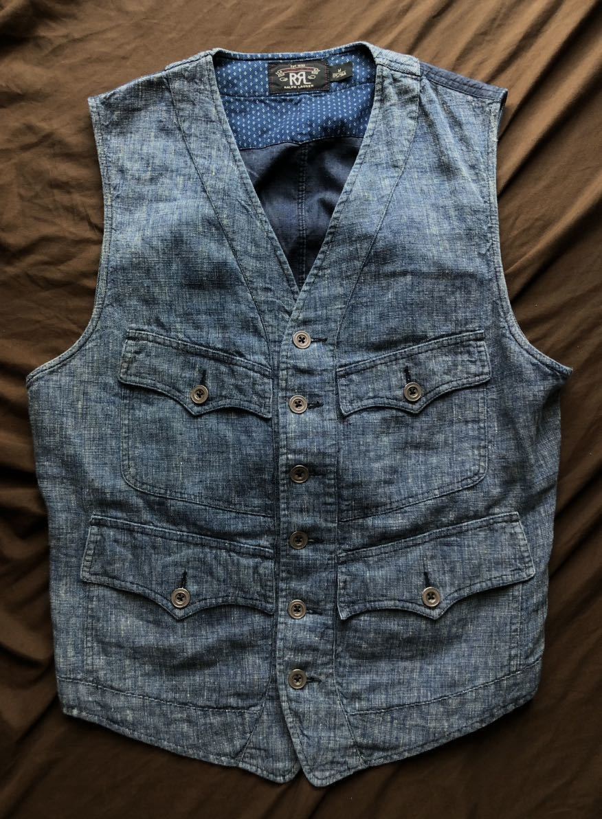 【名作】極美品 RRL HOBSON PINCHECK VEST ダブルアールエル インディゴ リネン ワーク ヴィンテージ ベストラルフローレン M_画像1