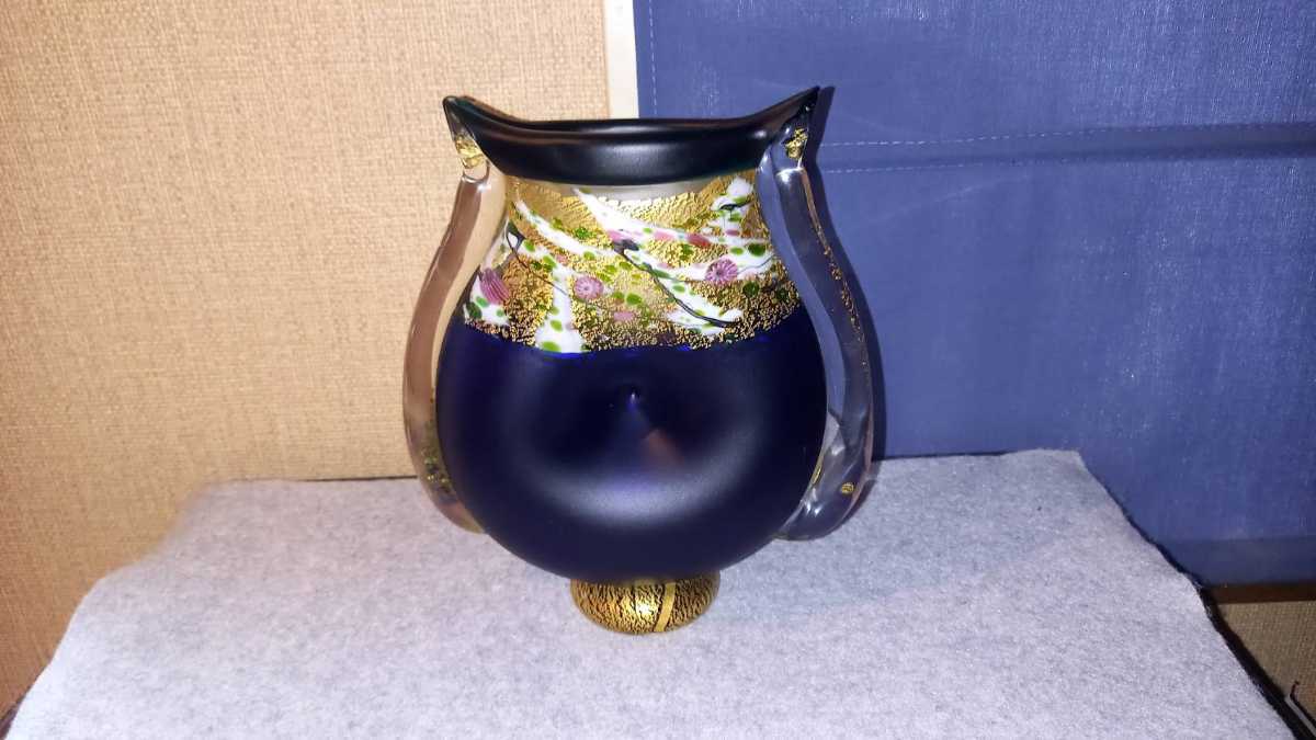 黒木国昭 作 現代の名工 ガラス作家 作品 金彩象嵌 光琳 花器 花瓶 花入 未使用保管 中古品 美品 在銘 共箱 グラスアート 綾工房_画像2