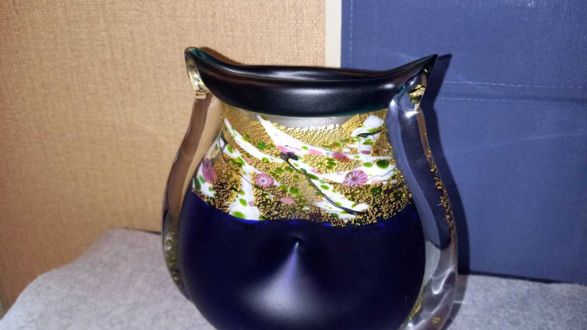 黒木国昭 作 現代の名工 ガラス作家 作品 金彩象嵌 光琳 花器 花瓶 花入 未使用保管 中古品 美品 在銘 共箱 グラスアート 綾工房_画像6