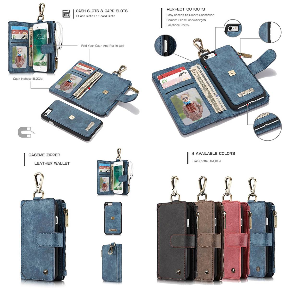 iphone XS レザーケース アイフォン x ケース iphone x/xs お財布付き 取り外し可能 カード収納 ブルー_画像5