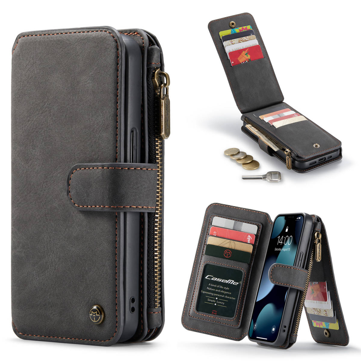 iPhone 13 レザーケース iPhone13 カバー アイフォン13 ケース 手帳型 お財布付き カード収納 ファスナー付き 財布型 ブラック
