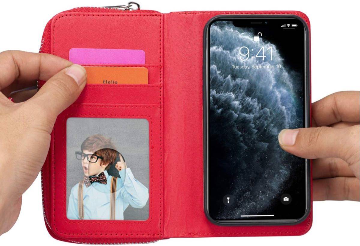 iPhone 13 pro max leather case iPhone13 pro max cover iphone13 pro max case notebook type . purse attaching card storage fastener attaching red 