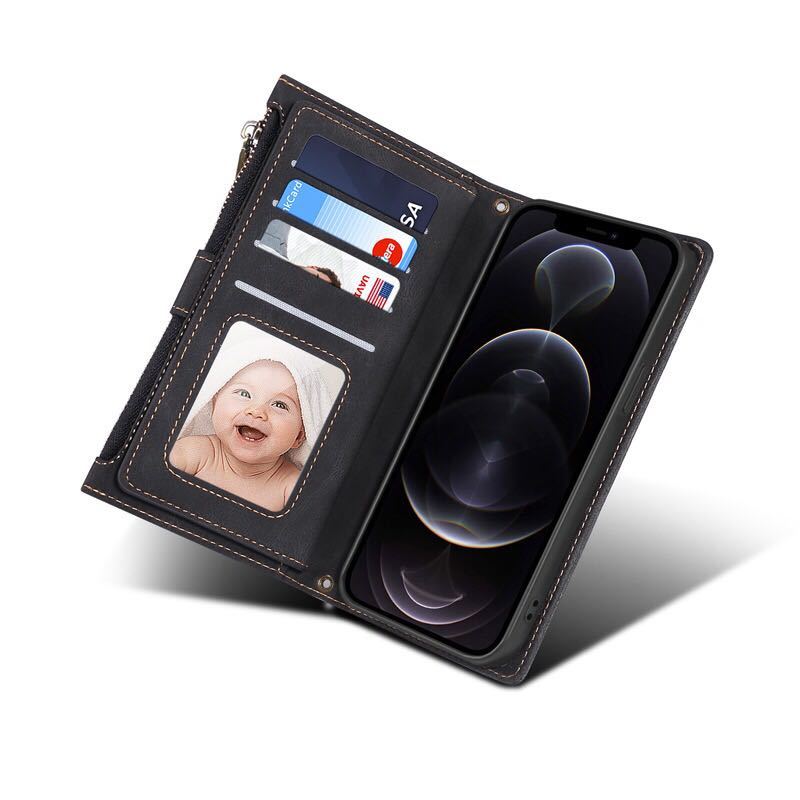 2020モデル iPhone12 pro max レザーケース アイフォン12 プロ マックス ショルダーケース 6.7インチ カード収納 お財布付き 手帳型 黒