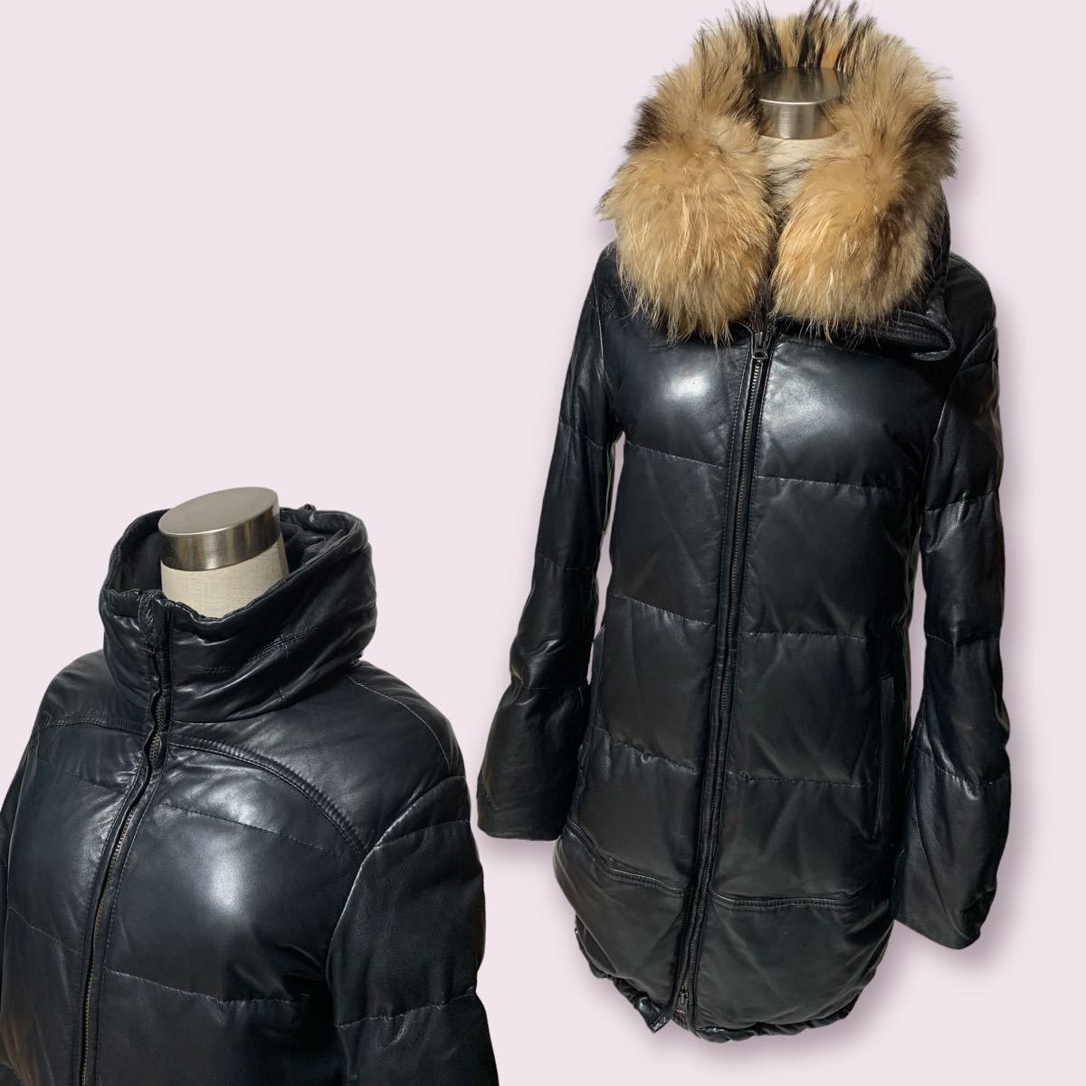 sisiisisi ram leather down coat lady's XXS gorgeous raccoon fur original leather black black 