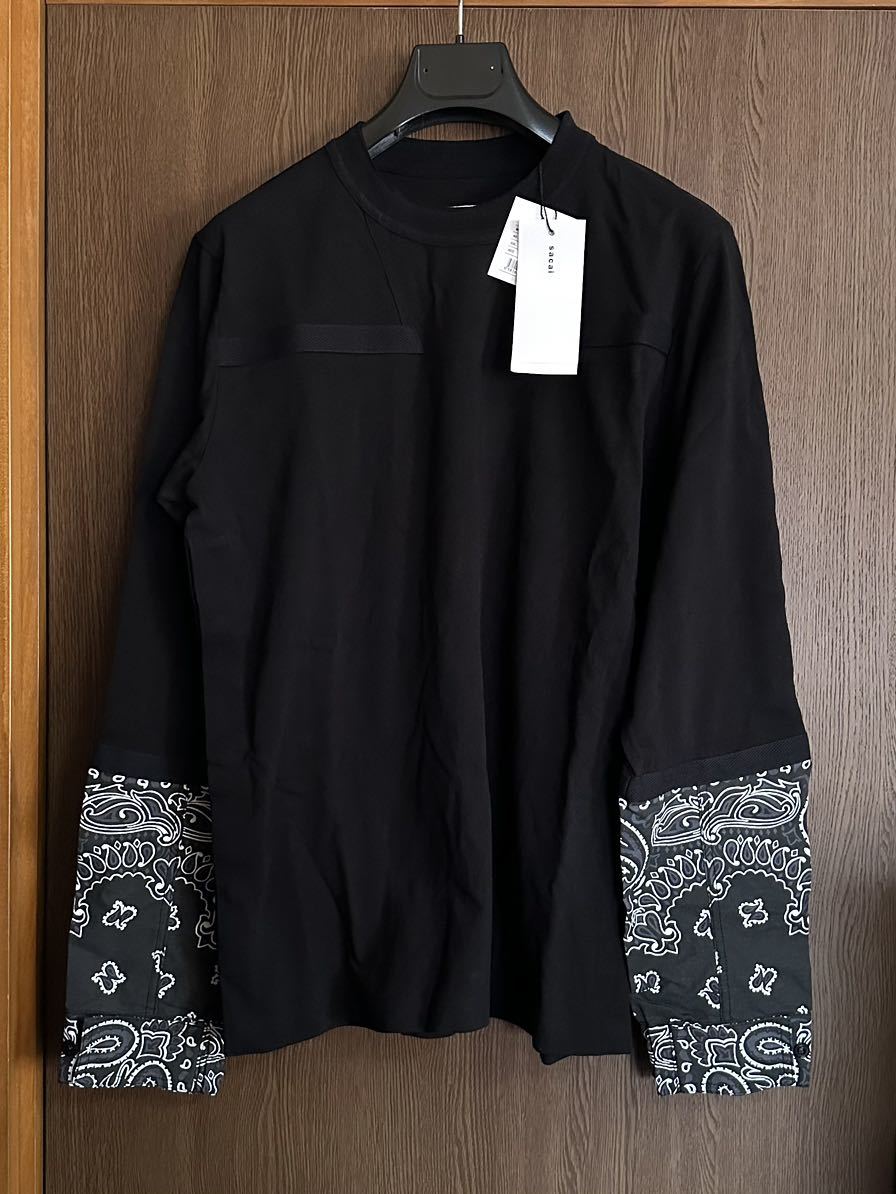 黒1新品 sacai サカイ メンズ 再構築 ペイズリー 切り替え ロング Tシャツ 長袖 22SS size 1 S 黒 スウェット ロンT ブラック_画像1