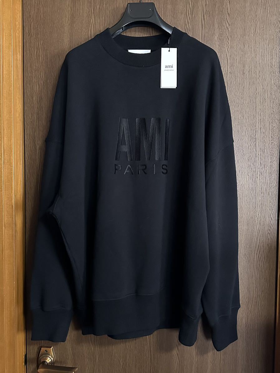 黒XXL新品 AMI Paris ブランドロゴ 刺繍 スウェット シャツ 長袖