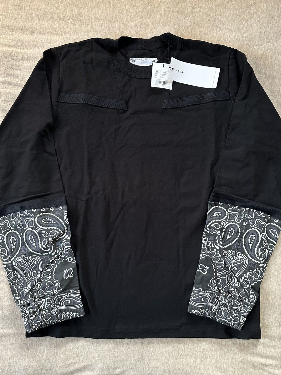 黒1新品 sacai サカイ メンズ 再構築 ペイズリー 切り替え ロング Tシャツ 長袖 22SS size 1 S 黒 スウェット ロンT ブラック_画像3
